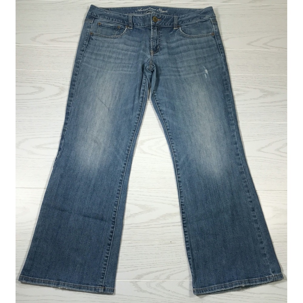 American Eagle Boyfriend Jeans Women 12 Blue Denim Flare Low Rise Stretch Y2K